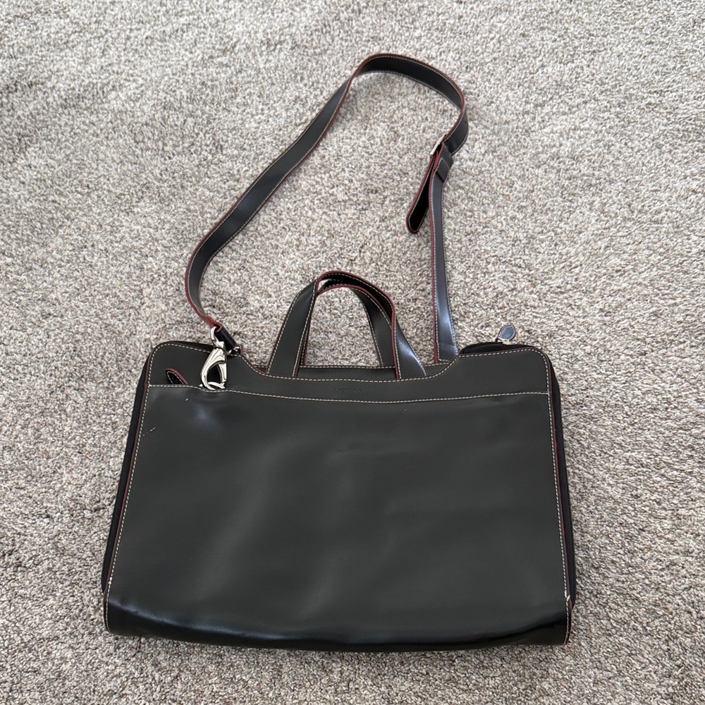Black Leather Crossbody Tote Bag with Contrast Stitching